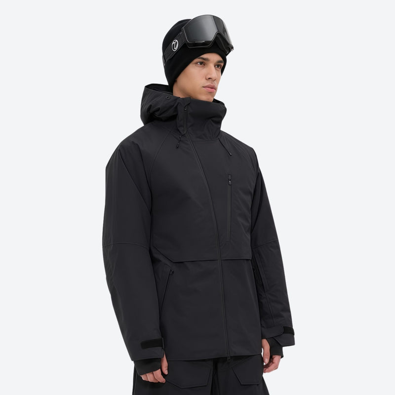 Men's 3-layer snowboard pants with jacket - black jacket, on-model three-quarter front view, for cold-weather winter sports