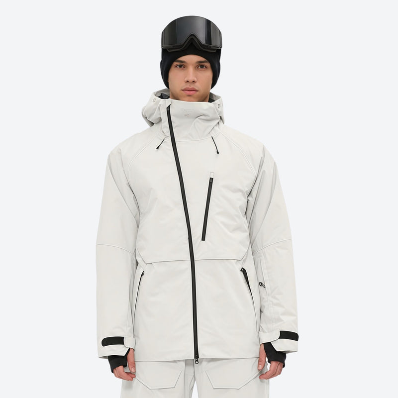 Men's waterproof 3L snow pants and jacket series - white jacket, on-model front view, for skiing and snowboarding