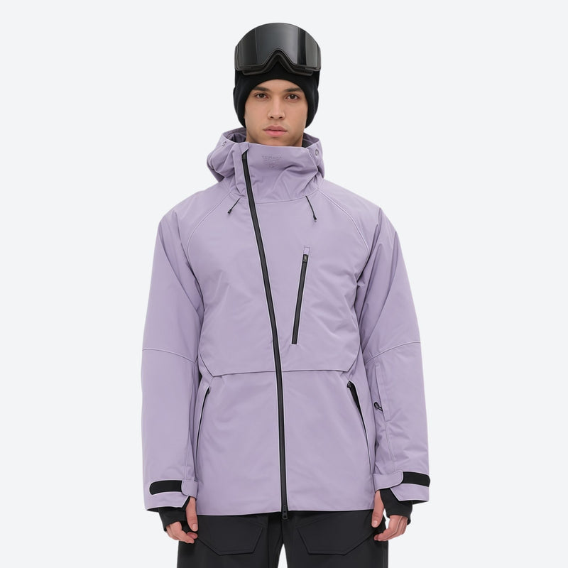 Men's breathable balloon snow pants set - lavender jacket, on-model front view, for resort and street wear