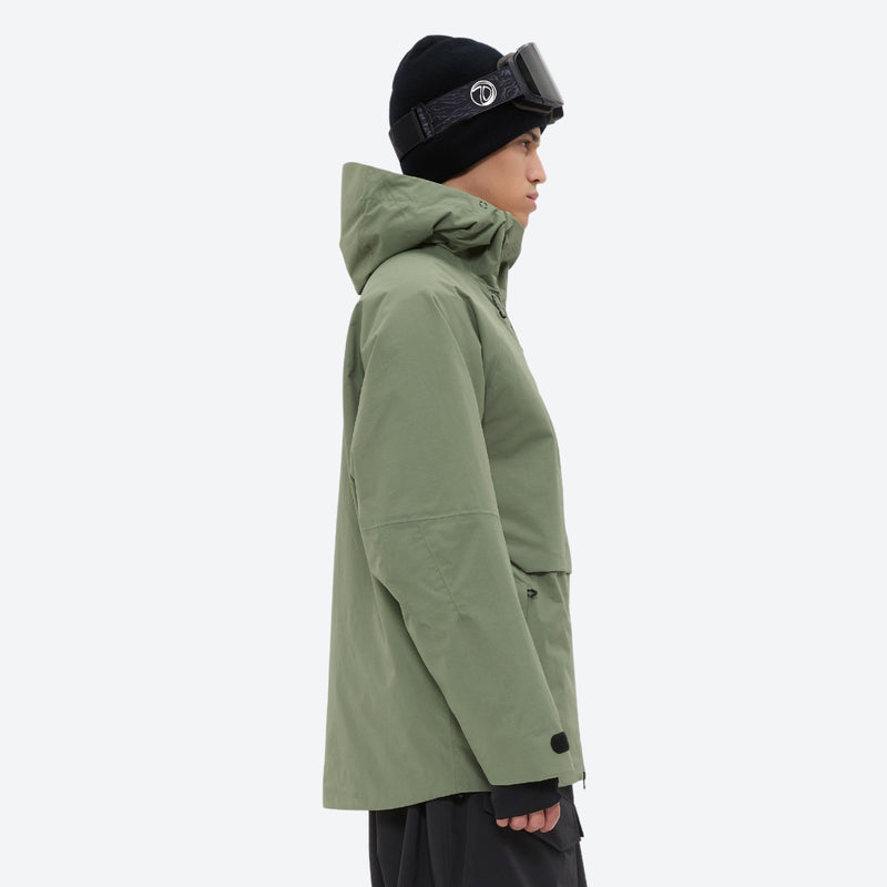 Men's 3-layer snowboard pants with jacket - sage green jacket, on-model side view, for cold-weather winter sports