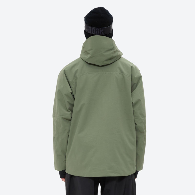 Men's waterproof 3L snow pants and jacket series - sage green jacket, on-model back view, for skiing and snowboarding