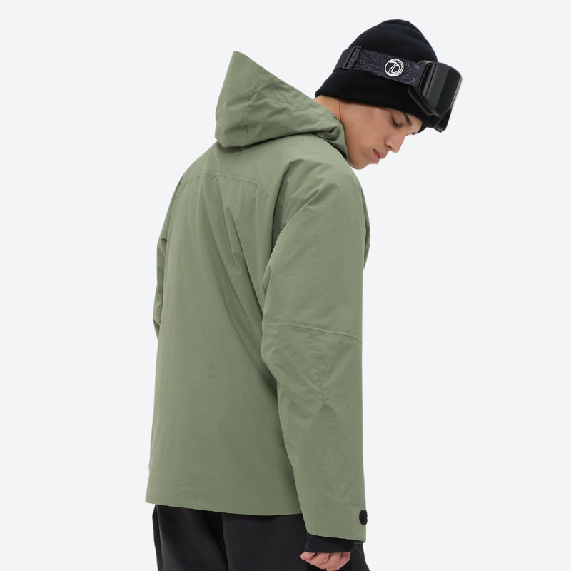 Men's breathable balloon snow pants set - sage green jacket, side view bending forward, for powder days and winter commute