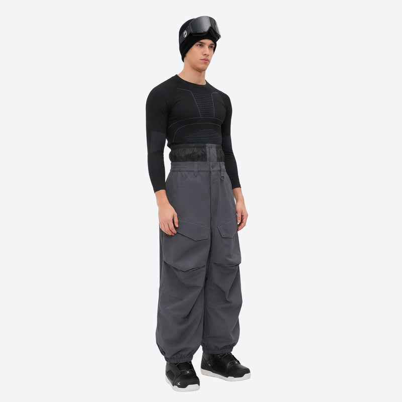 Men's 3-layer snowboard pants with jacket - gray snow pants with black top, on-model front view, for resort and street wear