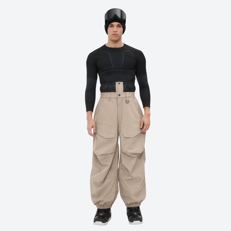 Men's breathable balloon snow pants set - tan snow pants with black top, on-model front view, for resort and street wear