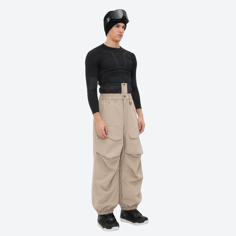 Men's 3-layer snowboard pants with jacket - tan snow pants with black top, for powder days and winter commute