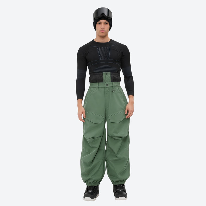 Men's waterproof 3L snow pants and jacket series - sage green snow pants with black top, for cold-weather winter sports