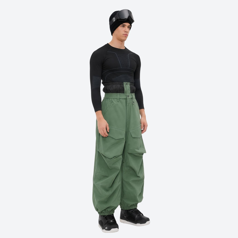 Men's breathable balloon snow pants set - sage green snow pants with black top, for skiing and snowboarding