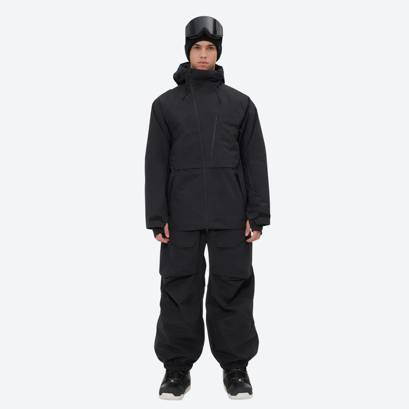 Men's waterproof 3L snow pants and jacket series - black jacket with black pants, for skiing and snowboarding