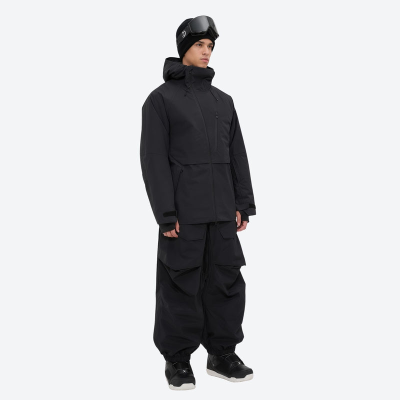 Men's breathable balloon snow pants set - black jacket with black pants, for resort and street wear
