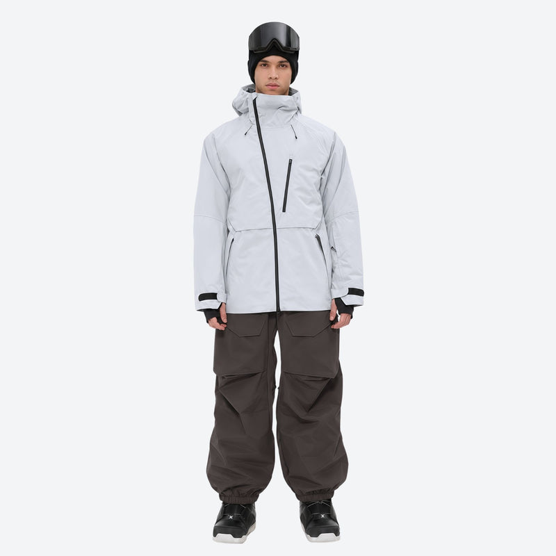 Men's breathable balloon snow pants set - light gray jacket with coffee brown pants, for skiing and snowboarding