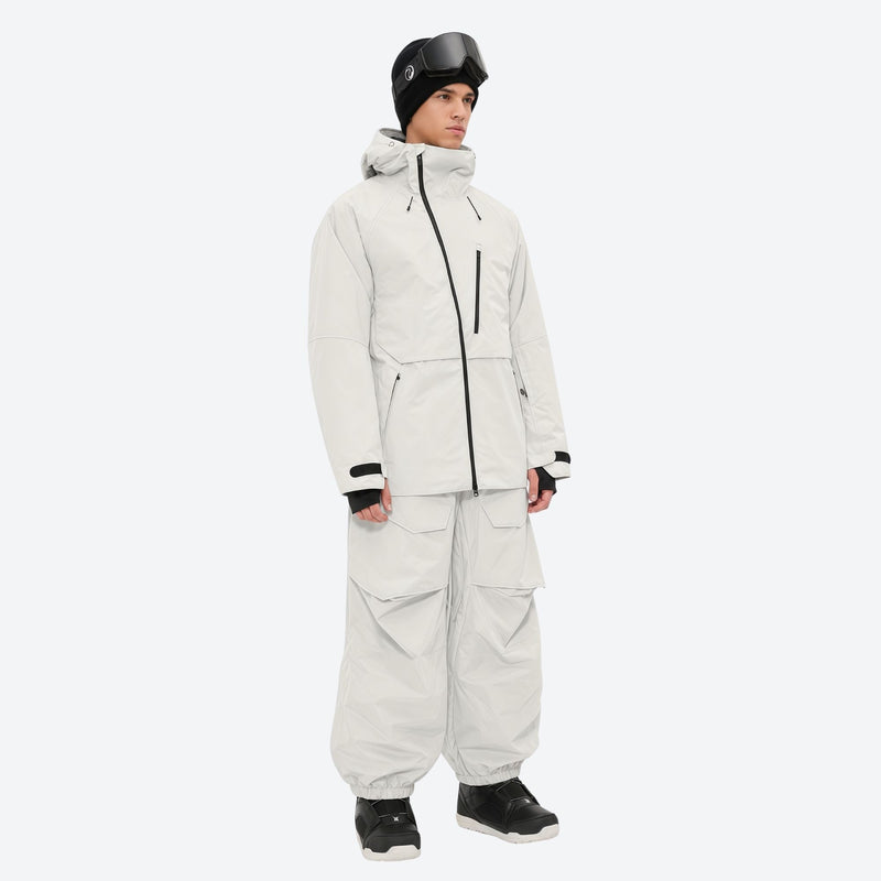 Men's breathable balloon snow pants set - white jacket with white pants, for powder days and winter commute