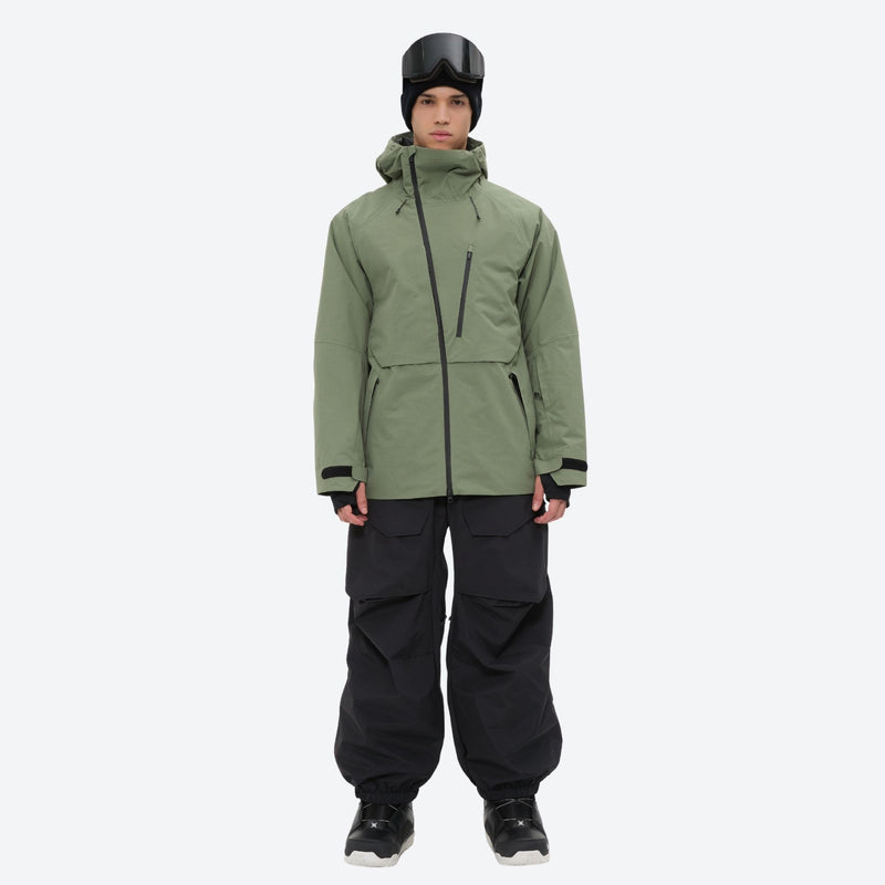 Men's 3-layer snowboard pants with jacket - sage green jacket with black pants, for resort and street wear