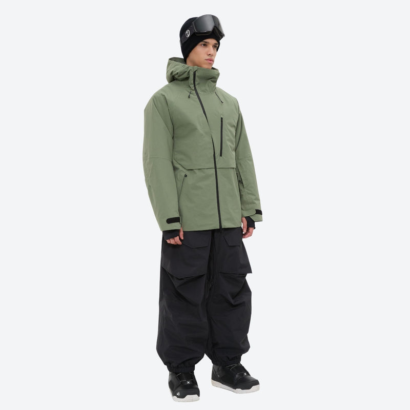 Men's waterproof 3L snow pants and jacket series - sage green jacket with black pants, for powder days and winter commute