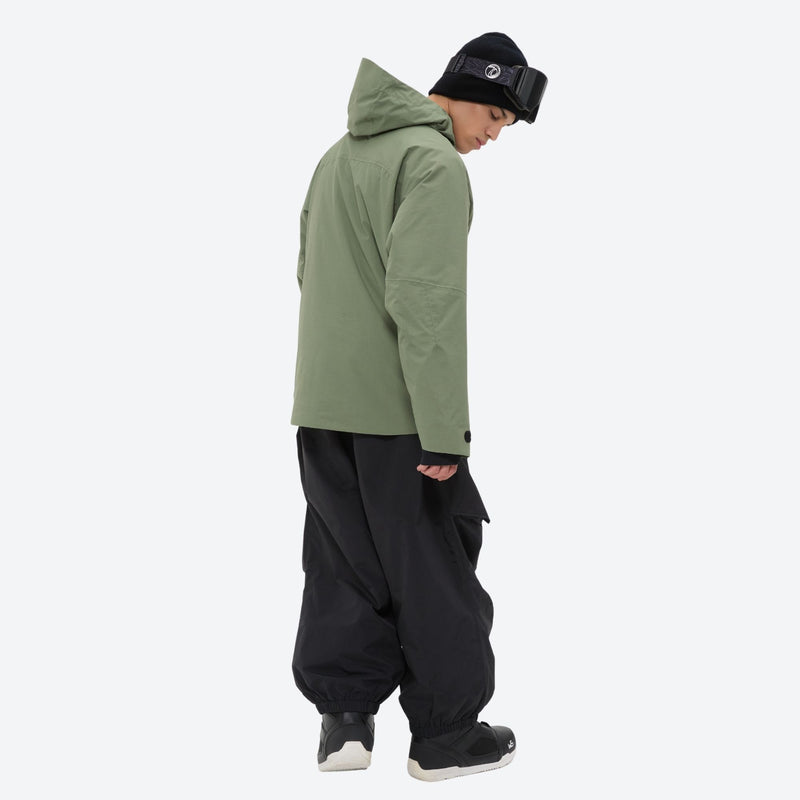 Men's 3-layer snowboard pants with jacket - sage green jacket with black pants, for skiing and snowboarding