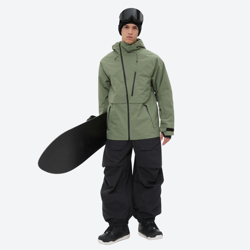Men's breathable balloon snow pants set - sage green jacket with black pants, for powder days and winter commute