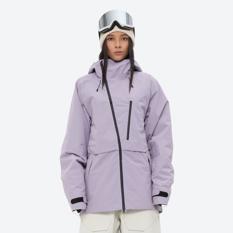 Women's breathable balloon snow pants set - lavender jacket, on-model front view, for resort and street wear