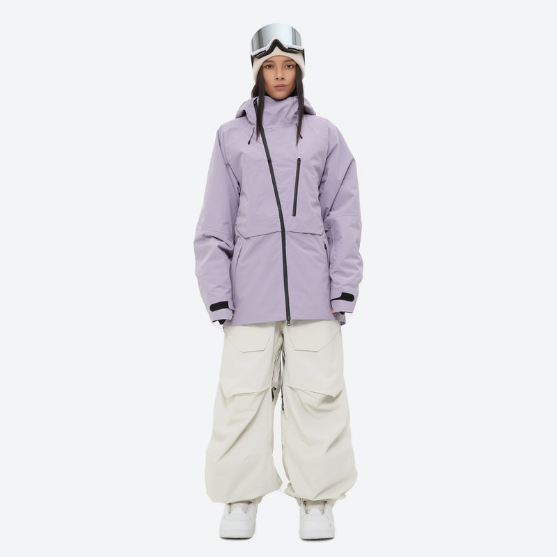 Women's waterproof 3L snow pants and jacket series - lavender jacket with white pants, for skiing and snowboarding