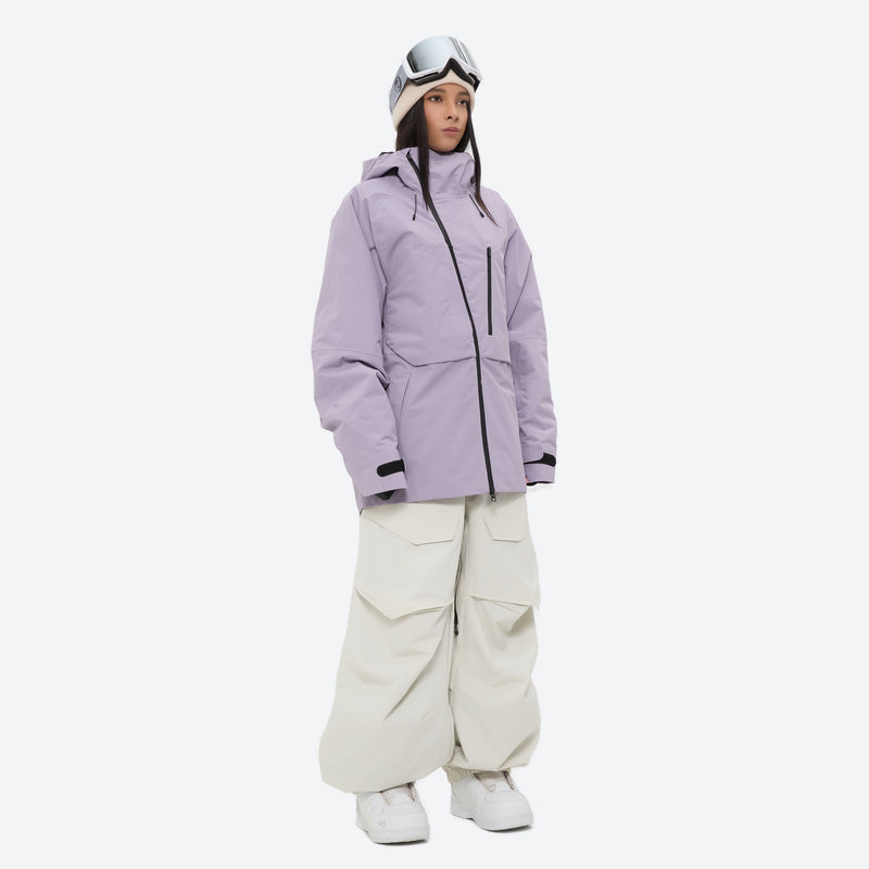 Women's 3-layer snowboard pants with jacket - lavender jacket with white pants, for powder days and winter commute