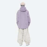 
                  
                    Women's breathable balloon snow pants set - lavender jacket with white pants, on-model back view, for skiing and snowboarding
                  
                