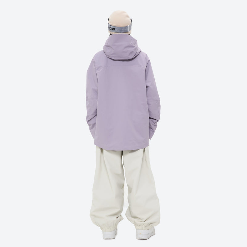 Women's breathable balloon snow pants set - lavender jacket with white pants, on-model back view, for skiing and snowboarding