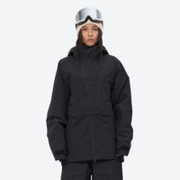 
                  
                    Women's waterproof 3L snow pants and jacket series - black jacket, on-model front view, for resort and street wear
                  
                