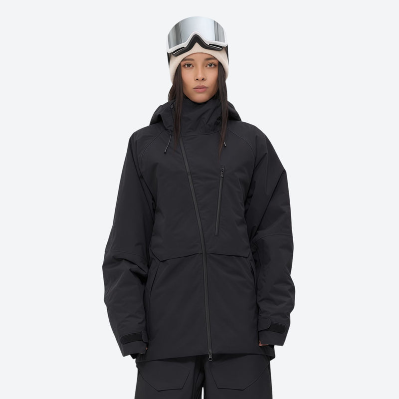 Women's waterproof 3L snow pants and jacket series - black jacket, on-model front view, for resort and street wear