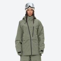 
                  
                    Women's waterproof 3L snow pants and jacket series - sage green jacket, on-model front view, for cold-weather winter sports
                  
                