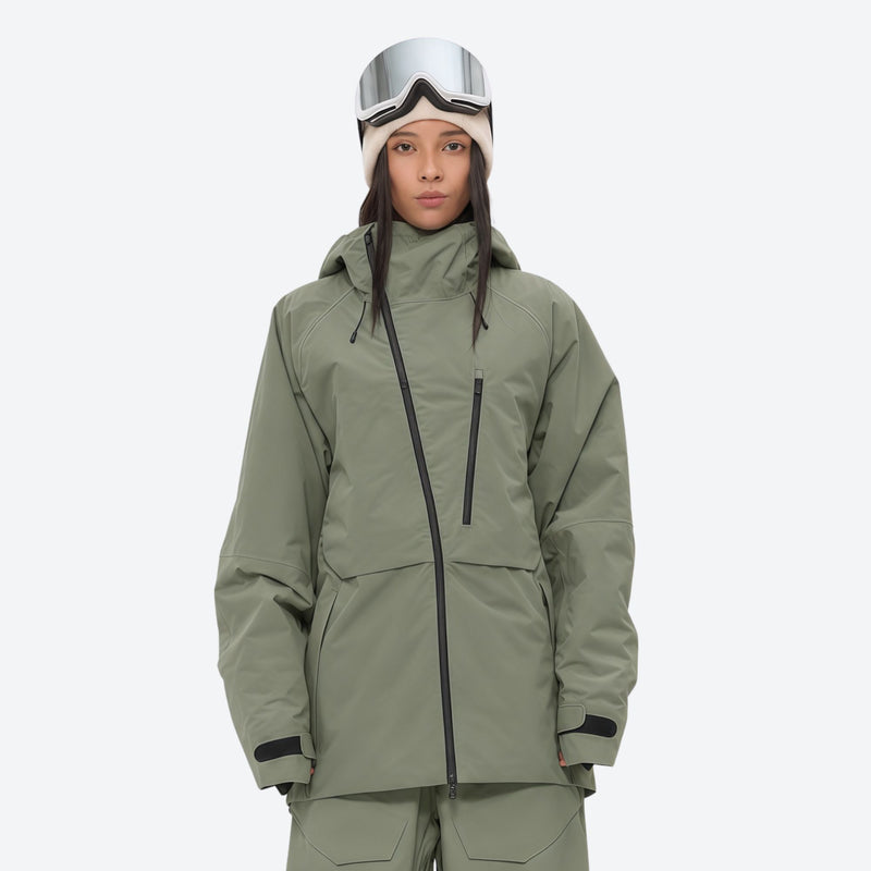 Women's waterproof 3L snow pants and jacket series - sage green jacket, on-model front view, for cold-weather winter sports