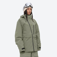 
                  
                    Women's breathable balloon snow pants set - sage green jacket, on-model three-quarter front view, for skiing and snowboarding
                  
                