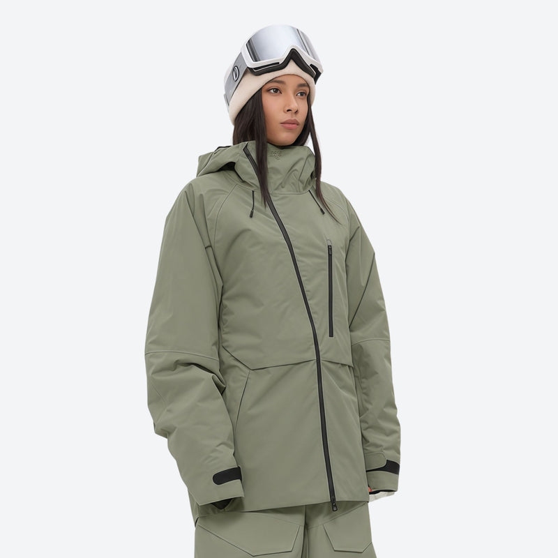 Women's breathable balloon snow pants set - sage green jacket, on-model three-quarter front view, for skiing and snowboarding