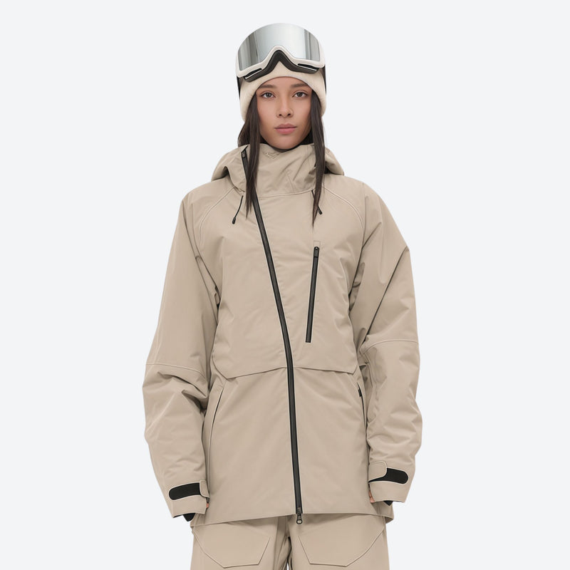 Women's waterproof 3L snow pants and jacket series - tan jacket, on-model front view, for cold-weather winter sports