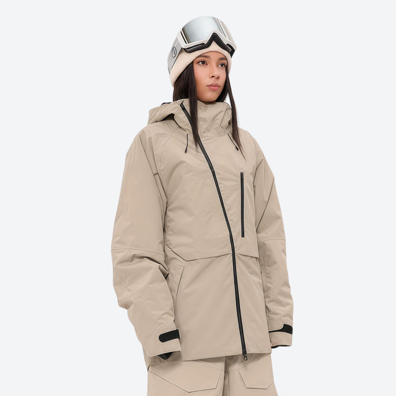Women's breathable balloon snow pants set - tan jacket, on-model three-quarter front view, for skiing and snowboarding