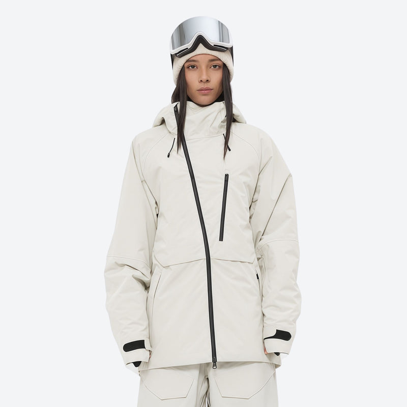 Women's 3-layer snowboard pants with jacket - white jacket, on-model front view, for resort and street wear