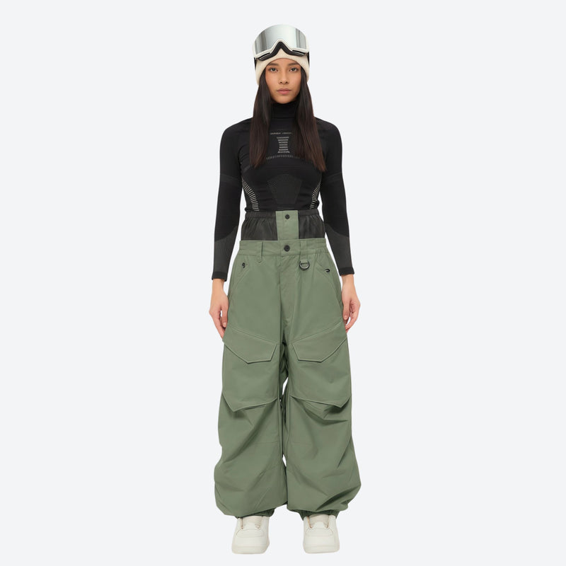 Women's waterproof 3L snow pants and jacket series - sage green snow pants with black top, for cold-weather winter sports