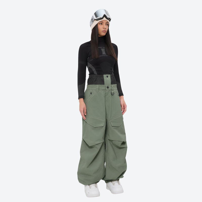 Women's 3-layer snowboard pants with jacket - sage green snow pants with black top, for cold-weather winter sports