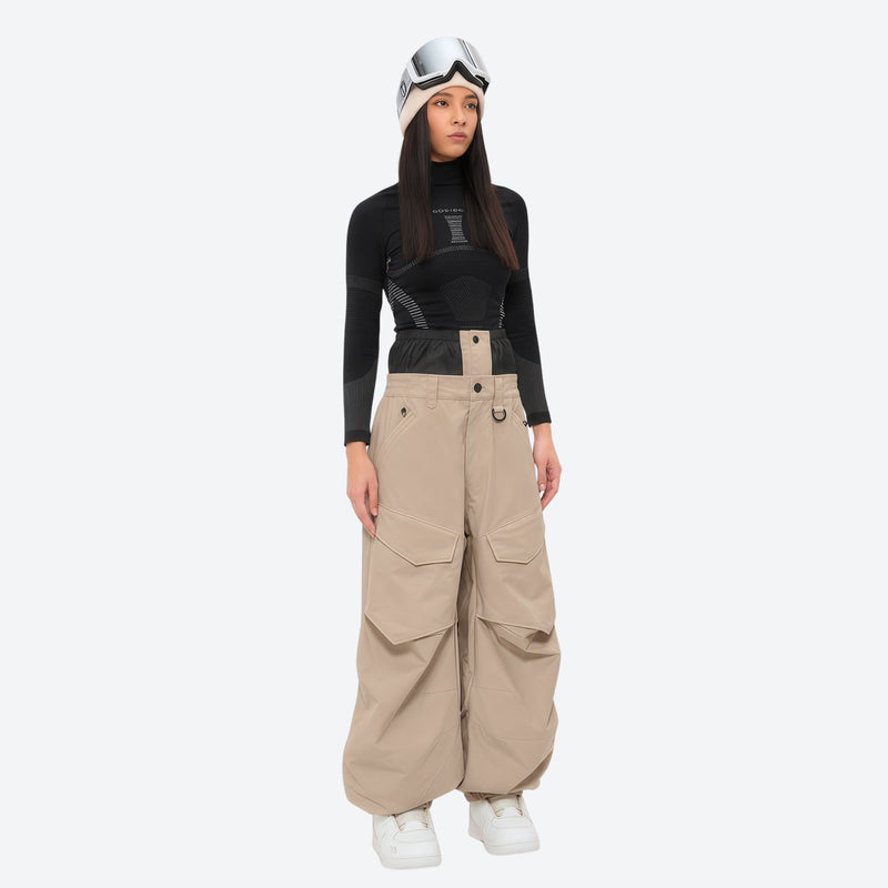 Women's waterproof 3L snow pants and jacket series - tan snow pants with black top, for powder days and winter commute