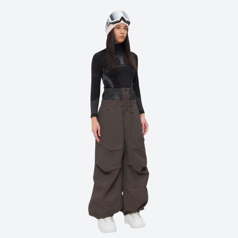 Women's breathable balloon snow pants set - coffee brown snow pants with black top, for resort and street wear