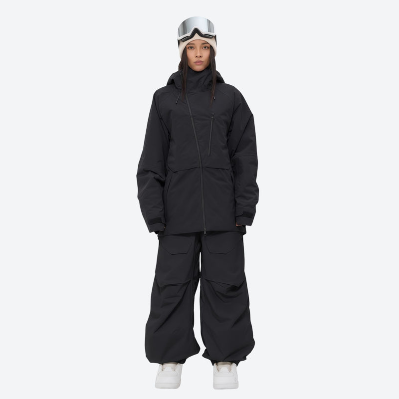 Women's breathable balloon snow pants set - black jacket with black pants, for resort and street wear