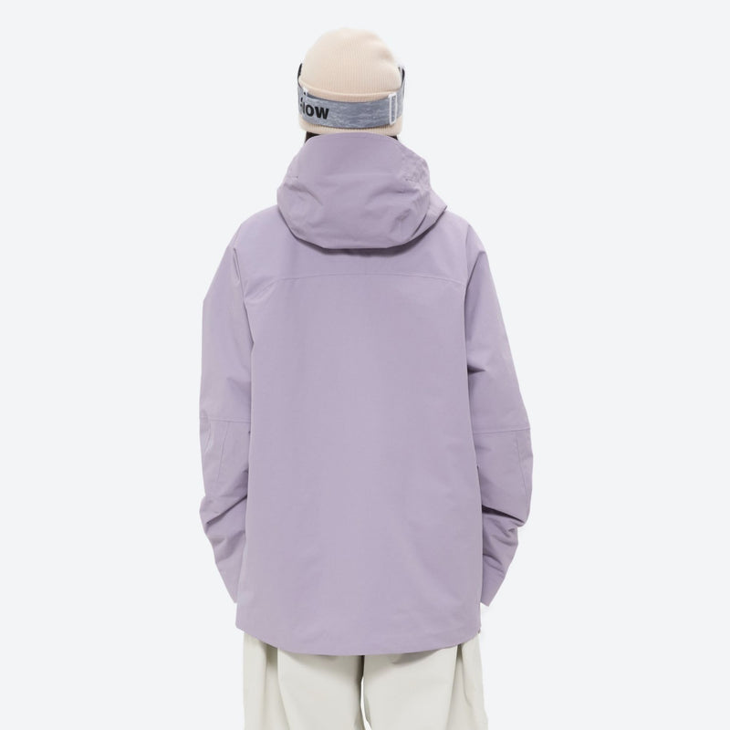 Women's 3-layer snowboard pants with jacket - lavender jacket, on-model back view, for resort and street wear
