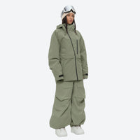 
                  
                    Women's waterproof 3L snow pants and jacket series - sage green jacket with sage pants, for resort and street wear
                  
                