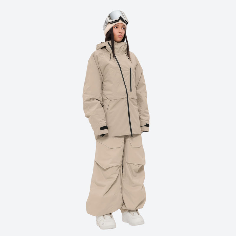 Women's breathable balloon snow pants set - tan jacket with tan pants, for resort and street wear