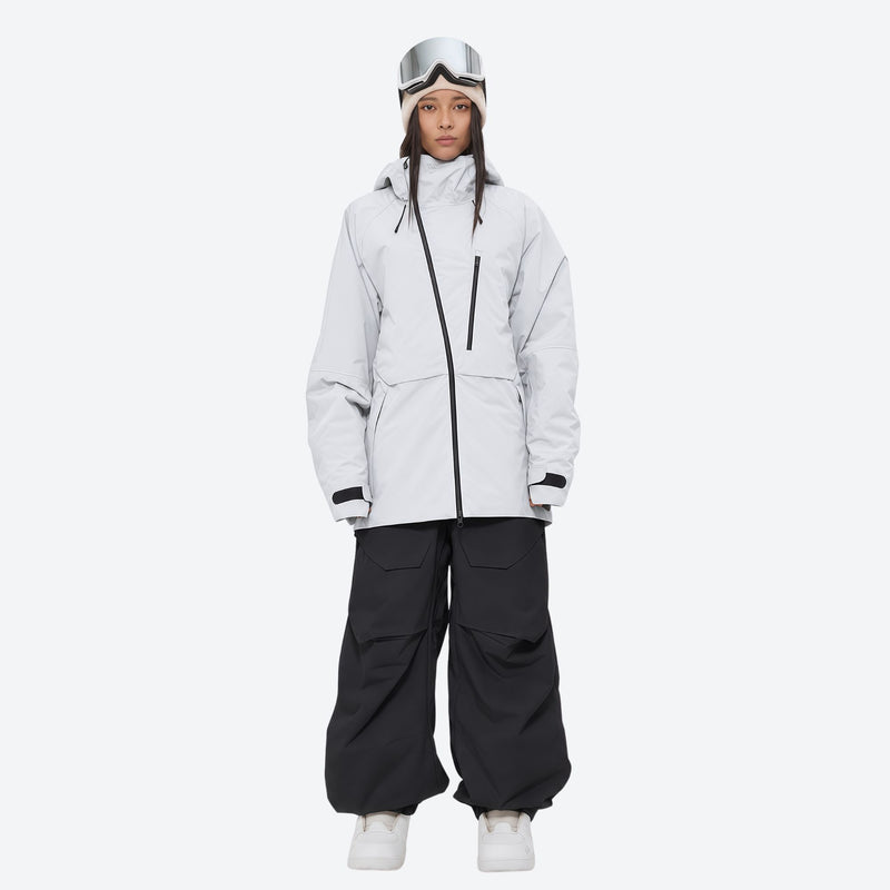Women's breathable balloon snow pants set - white jacket with black pants, for skiing and snowboarding