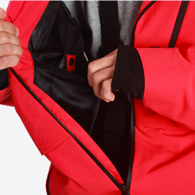 Men's waterproof 3L snow pants and jacket series - red, interior lining open close-up with hand, for resort and street wear