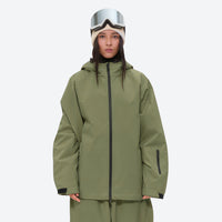 
                  
                    Women's waterproof 2L snow jacket and pants - olive green, on-model full-body front view, for skiing and snowboarding
                  
                