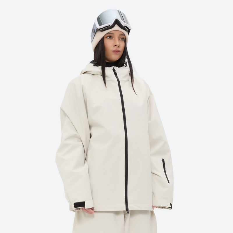 Women's minimalist breathable ski jacket set - cream, on-model three-quarter front view, for skiing and snowboarding