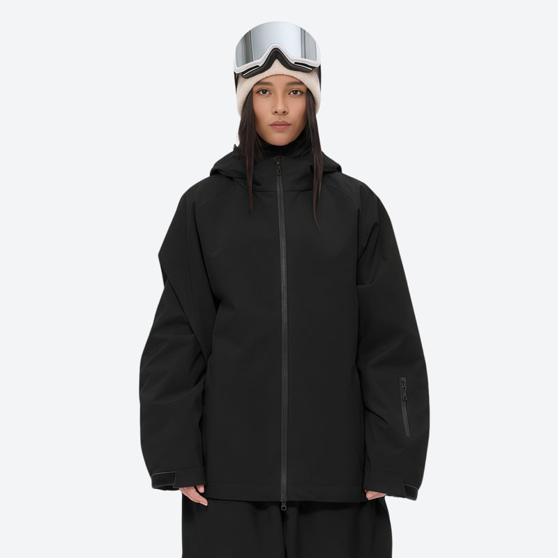 Women's minimalist breathable ski jacket set - black, on-model full-body front view, for resort and street wear