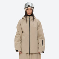 
                  
                    Women's minimalist breathable ski jacket set - tan, on-model full-body front view, for cold-weather winter sports
                  
                