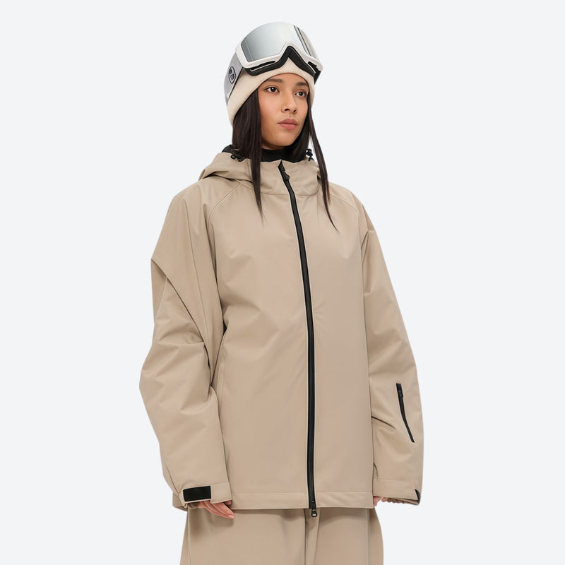 Women's 2-layer snowboard jacket and pants - tan, on-model three-quarter front view, for skiing and snowboarding