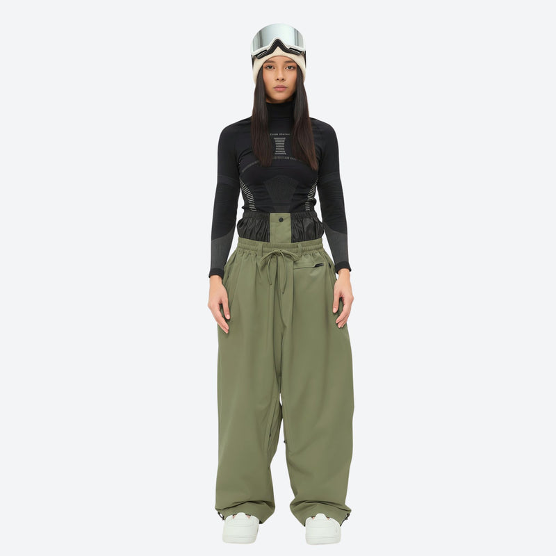 Women's minimalist breathable ski jacket set - olive green snow pants, on-model front view, for resort and street wear