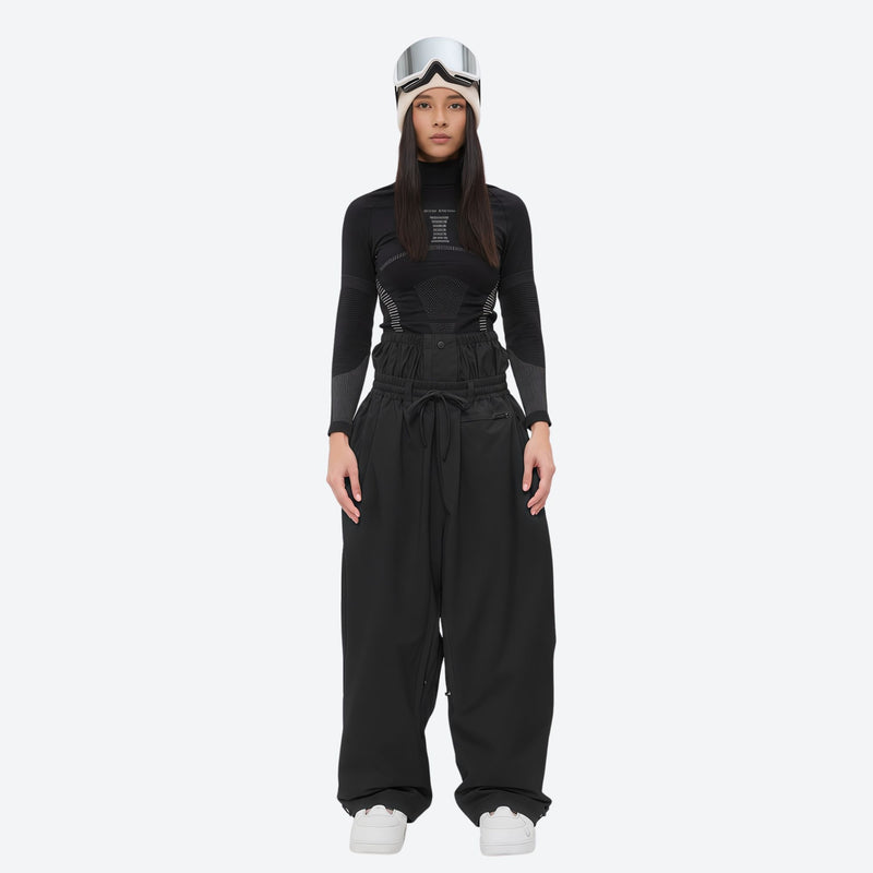 Women's waterproof 2L snow jacket and pants - black snow pants, on-model front view, for resort and street wear